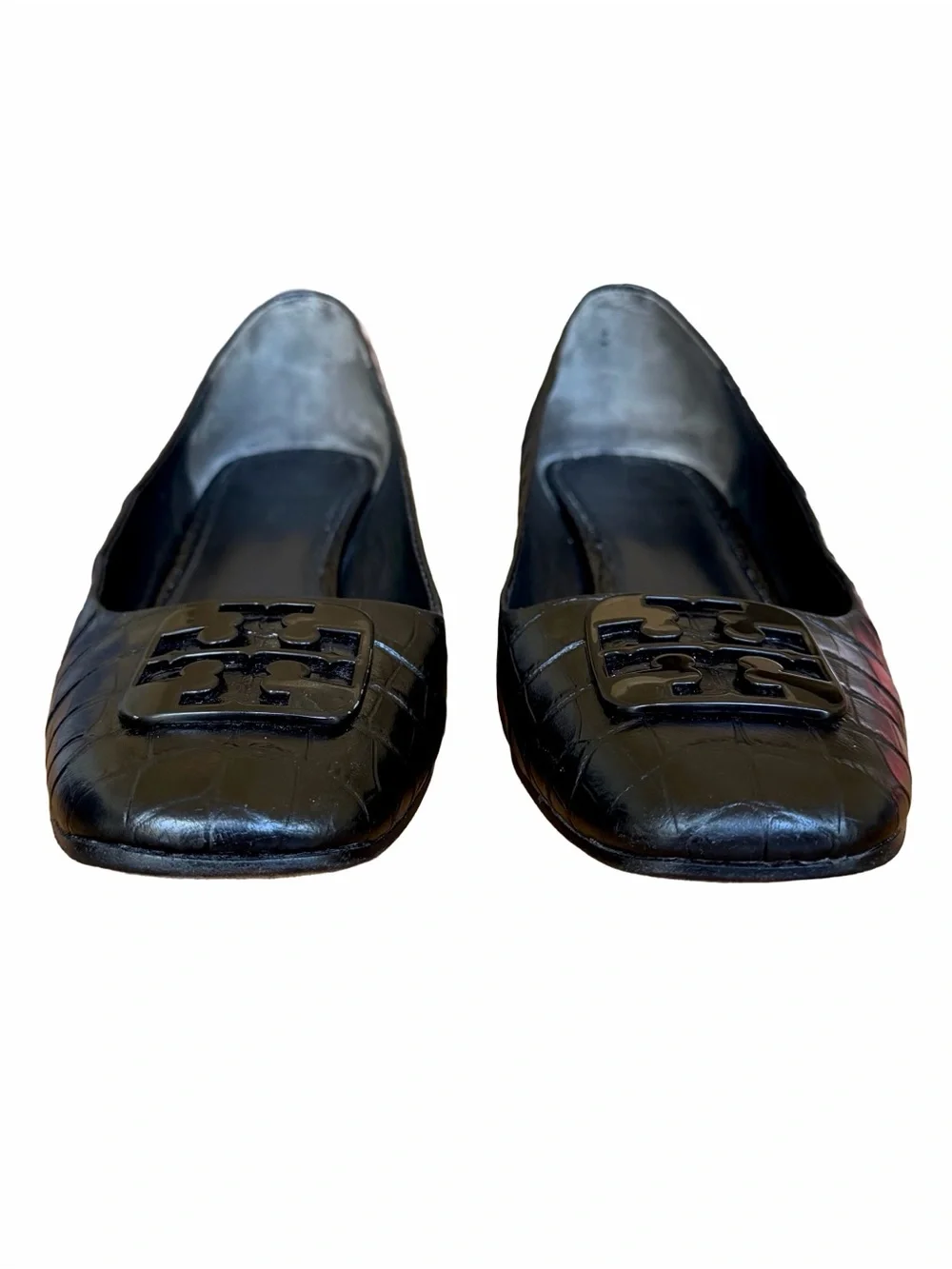 Tory Burch Georgia Black Croc Embossed Leather Block Heel Pumps 9.5
